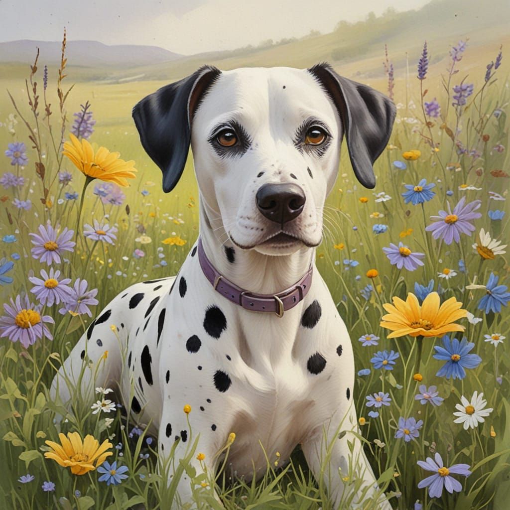 Watercolor Dalmatian in Wildflower Meadow