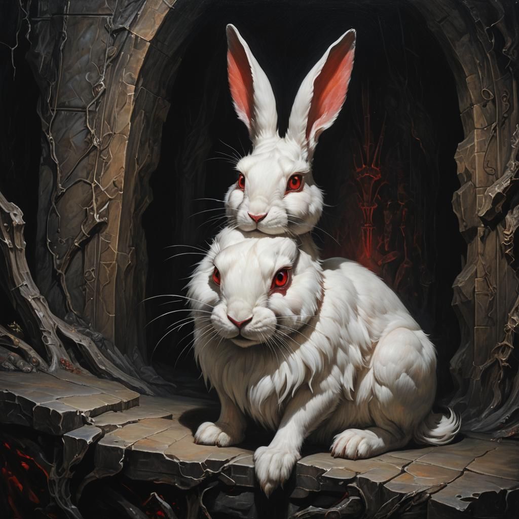 Red-Eyed Rabbit on Throne in Dark Fantasy Art
