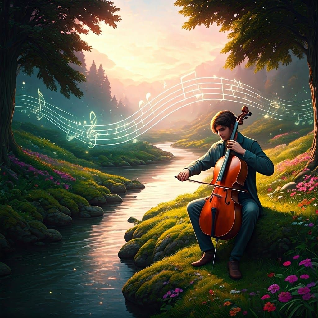 Cellist's River Serenade in Dreamlike Matte Painting