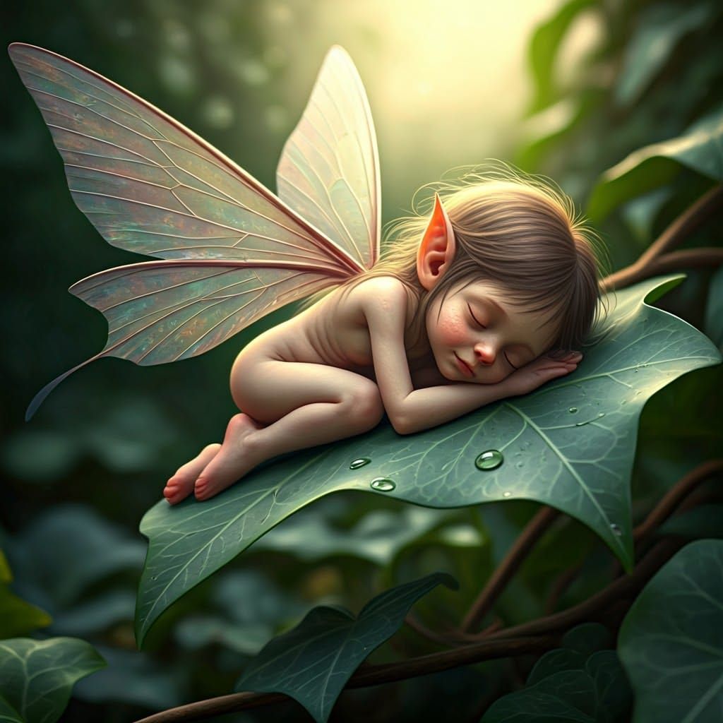 Deformed Fairy in Serene Slumber on Ivy Leaf