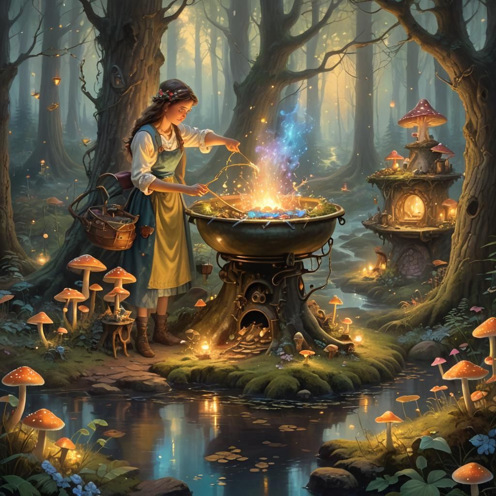Ethereal Potion Maker in Forest with Pixies