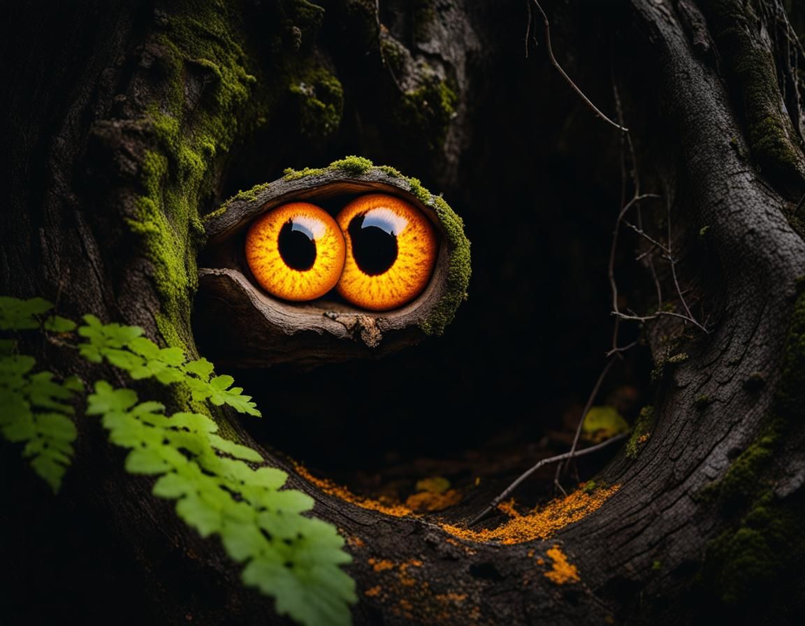 Glowing Eyes in Dark Forest Tree Hollow