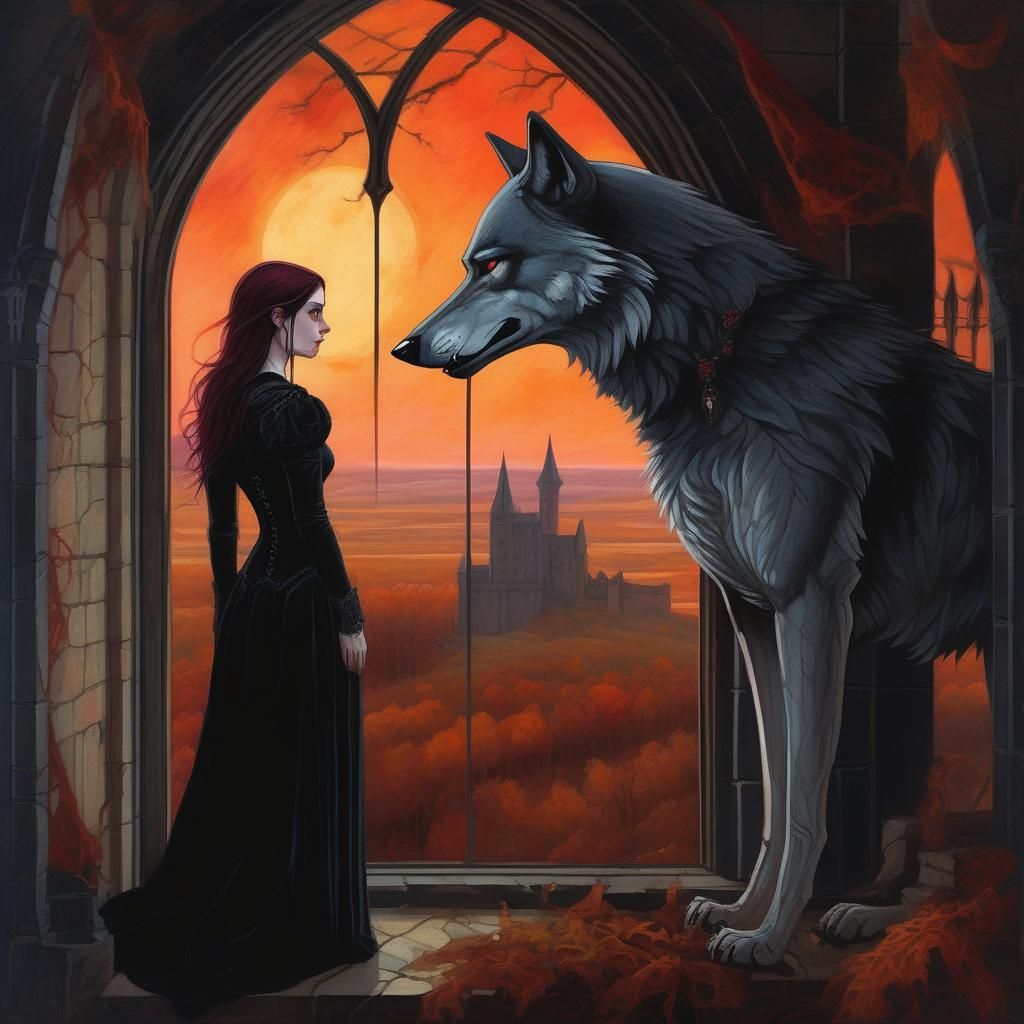 A woman with somber features standing next to a dire wolf. They are positioned in a grim, dark fantasy fortress