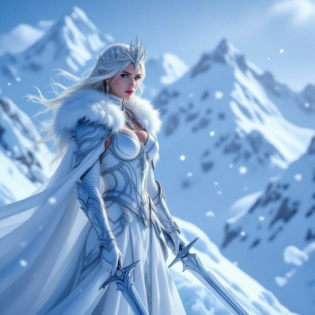 Regal Ice Queen on Frozen Peak in Winter Fantasy Style