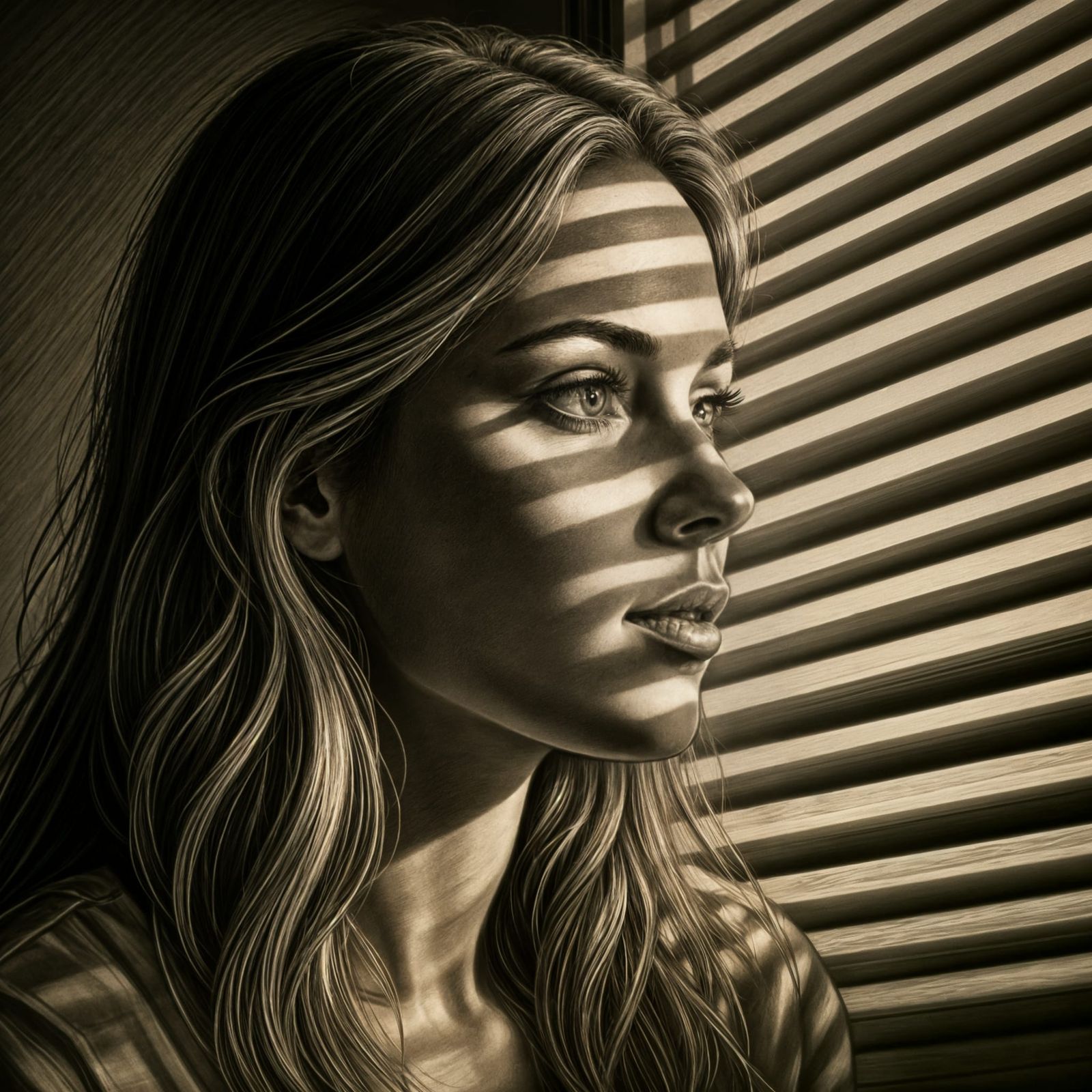 Woman Contemplating Through Louvered Blinds in Charcoal Sket...