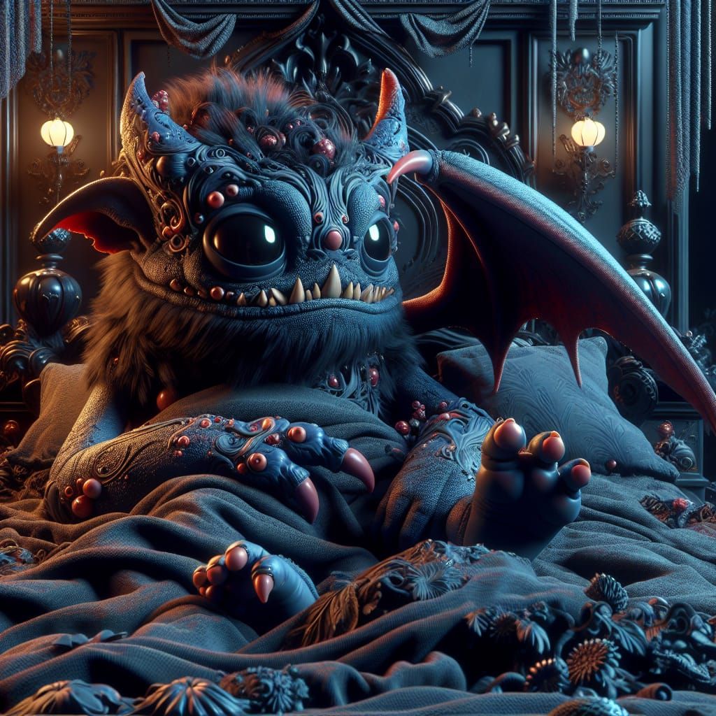 Endearing Dark Monster in Bed: CGI Cartoon Concept Art