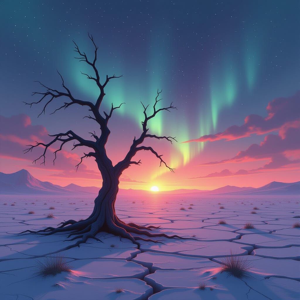 Dying Tree in Ash Desert Under Twilight Sky