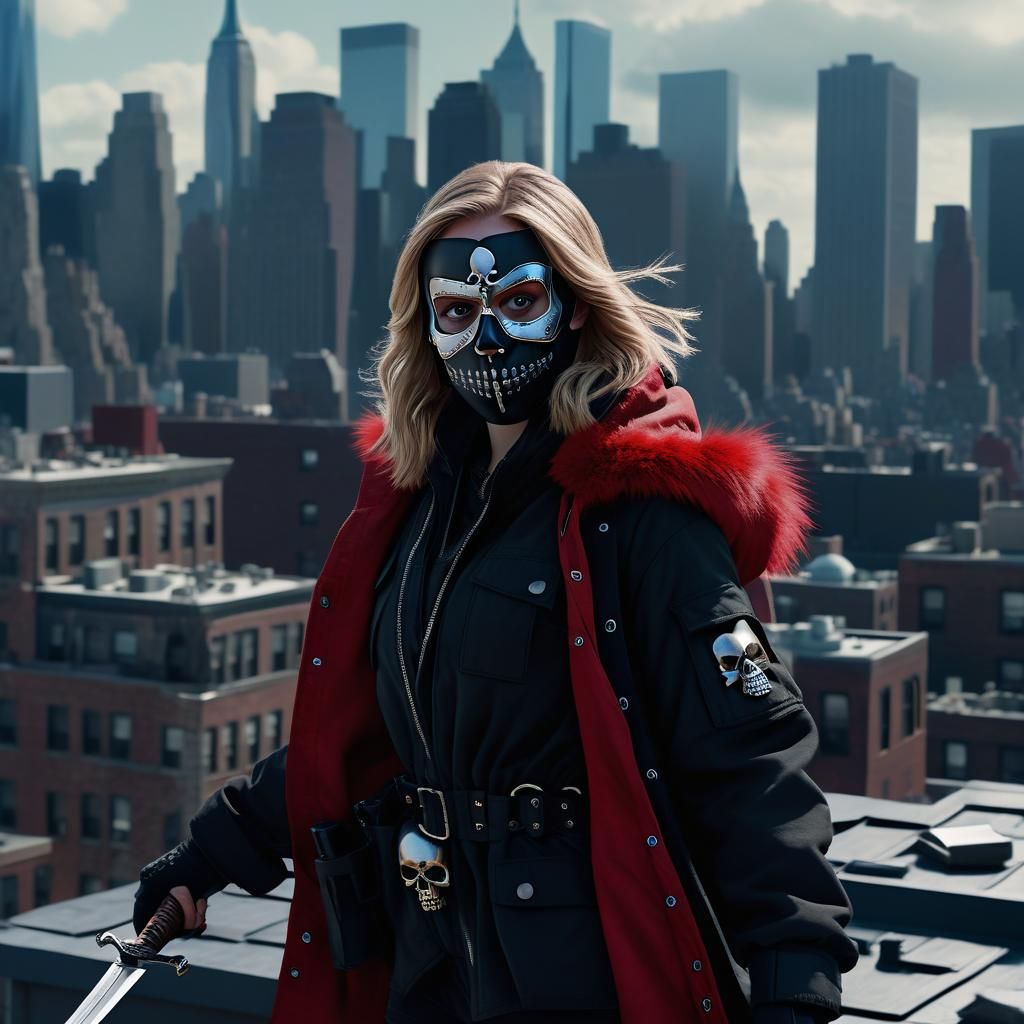 Assassin in Skull Mask on New York Rooftop