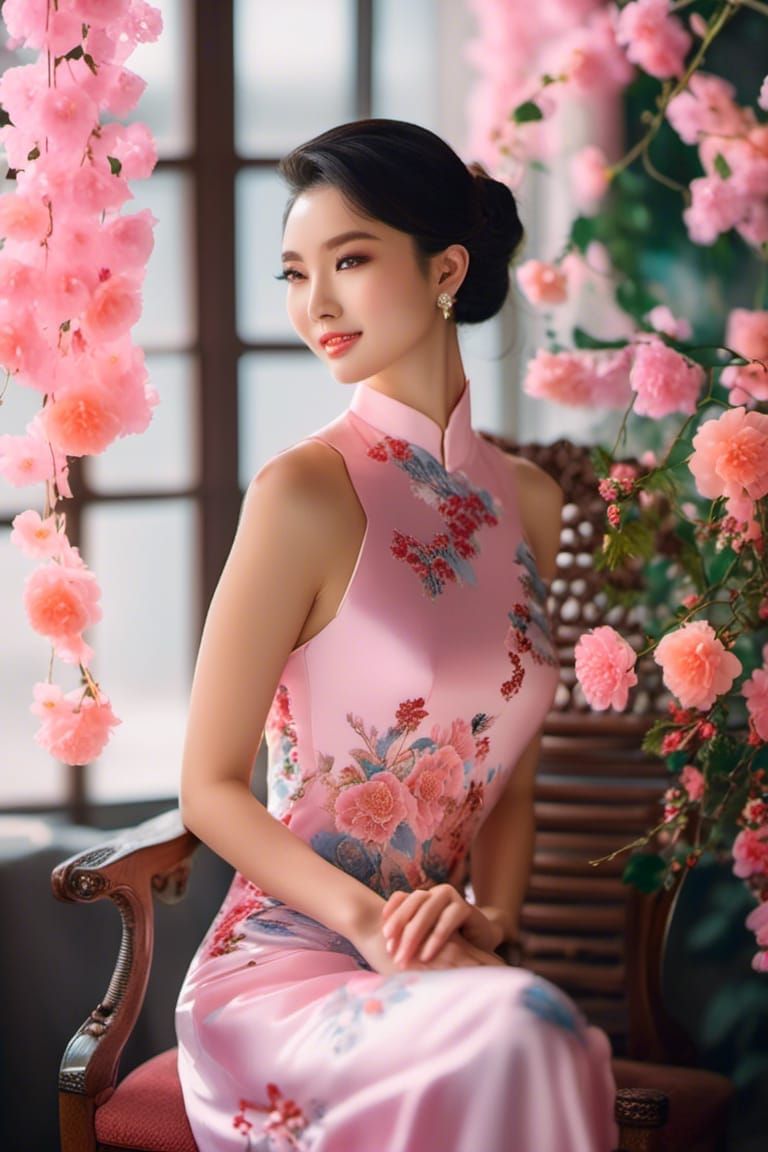 Elegant Asian Woman in Pink Qipao Portrait