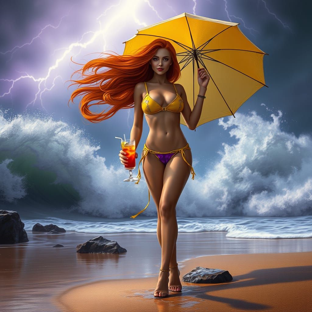 Ginger Woman on Stormy Beach: Dark Fantasy Art