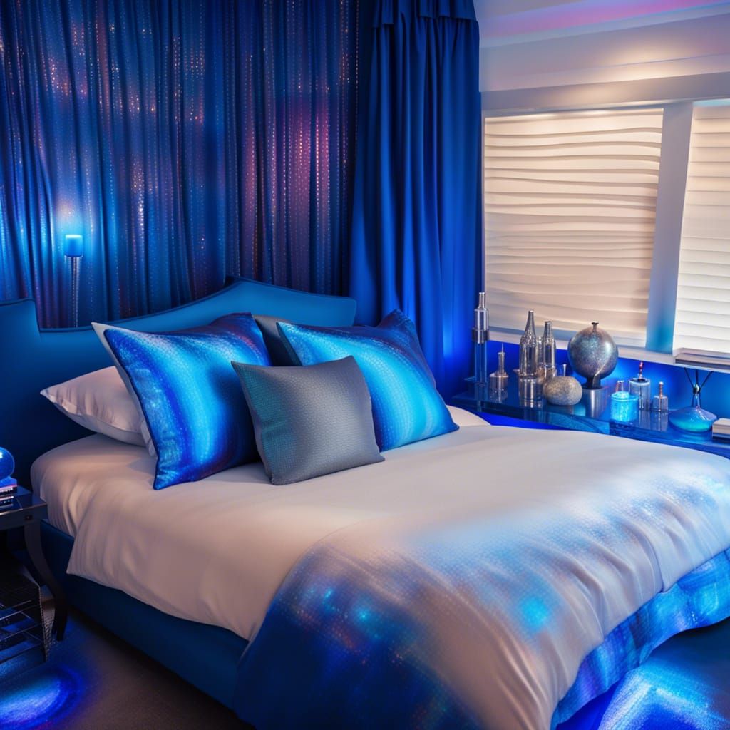 Beautiful bedroom with cobalt blue holographic walls& cobalt blue holographic windows with cobalt blue Silk curtains& co...