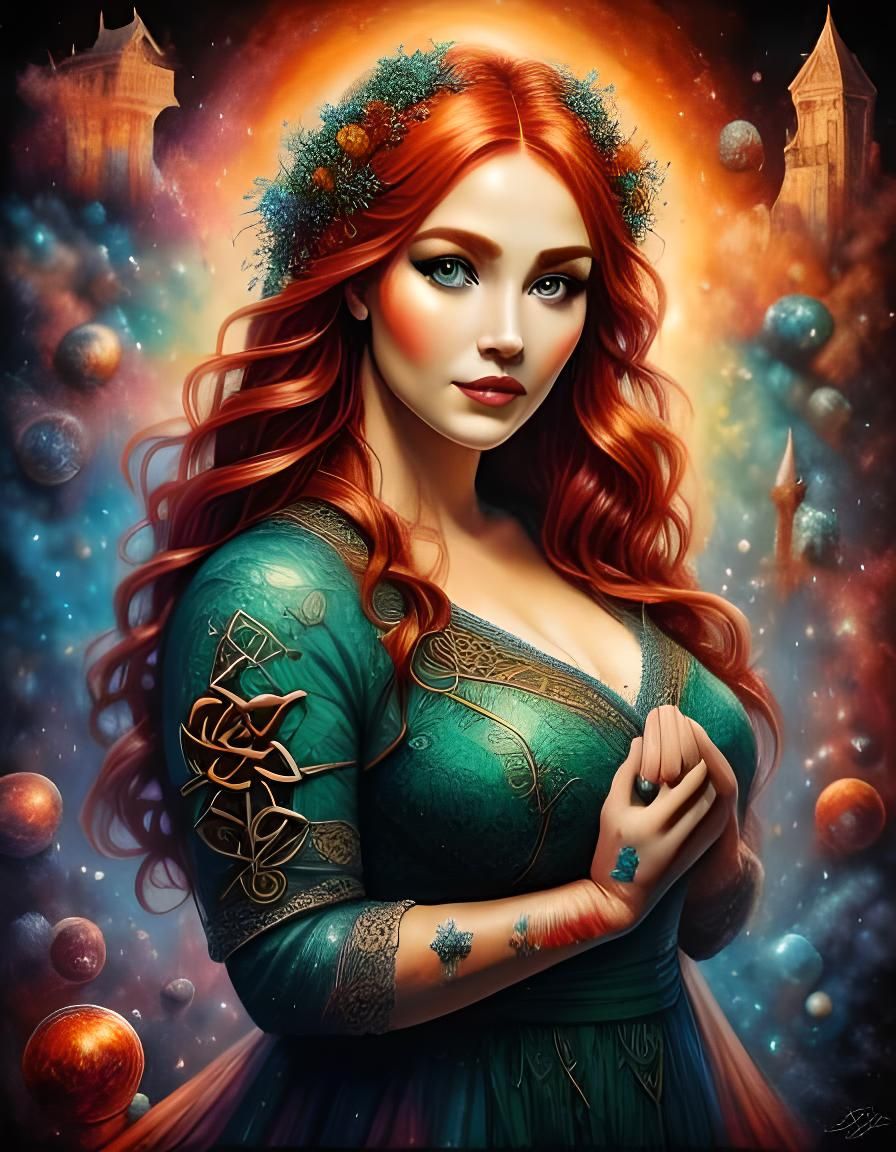 Ethereal Celtic Woman Portrait in Alcohol Ink Style