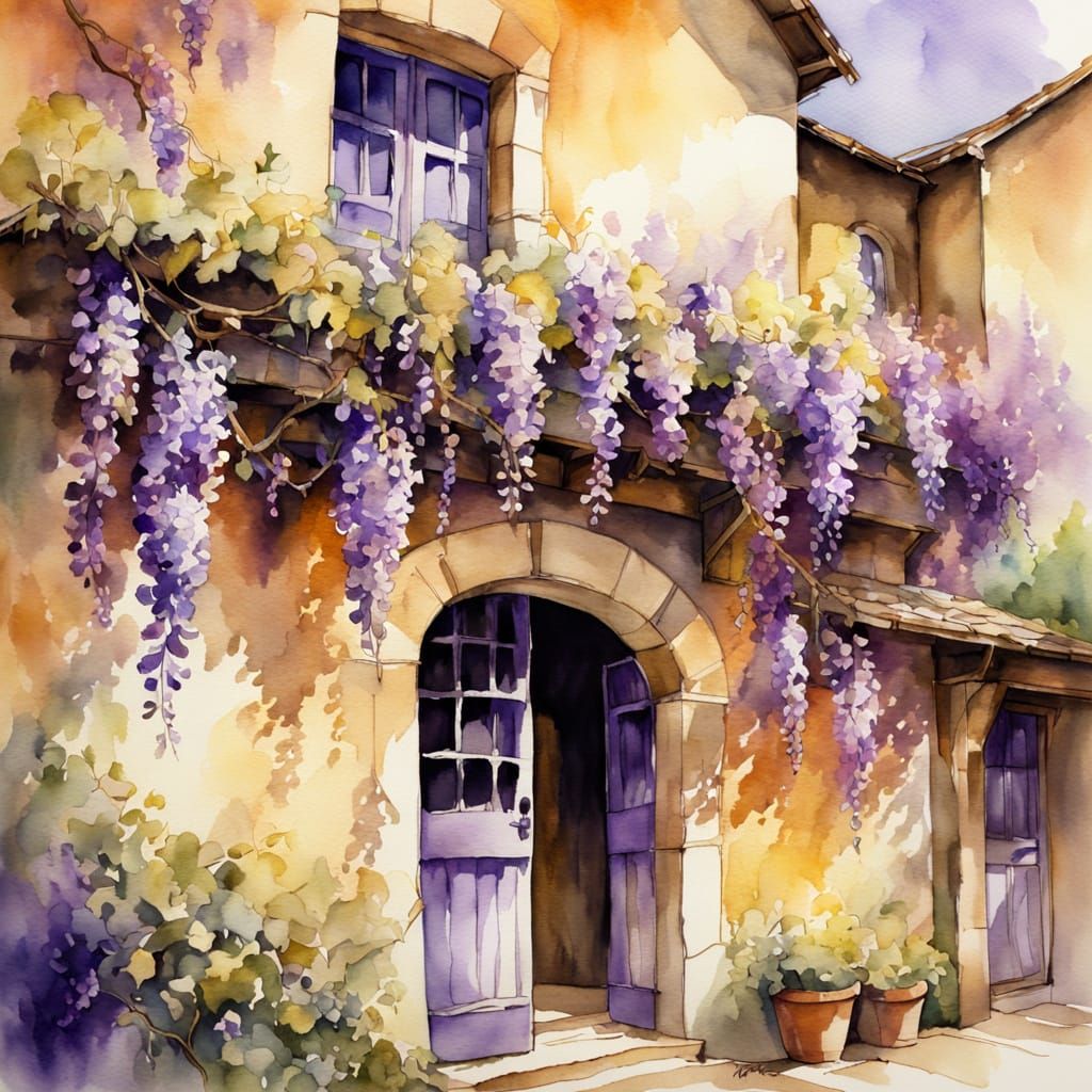 Wisteria in Provence in Expressionist Watercolor Style