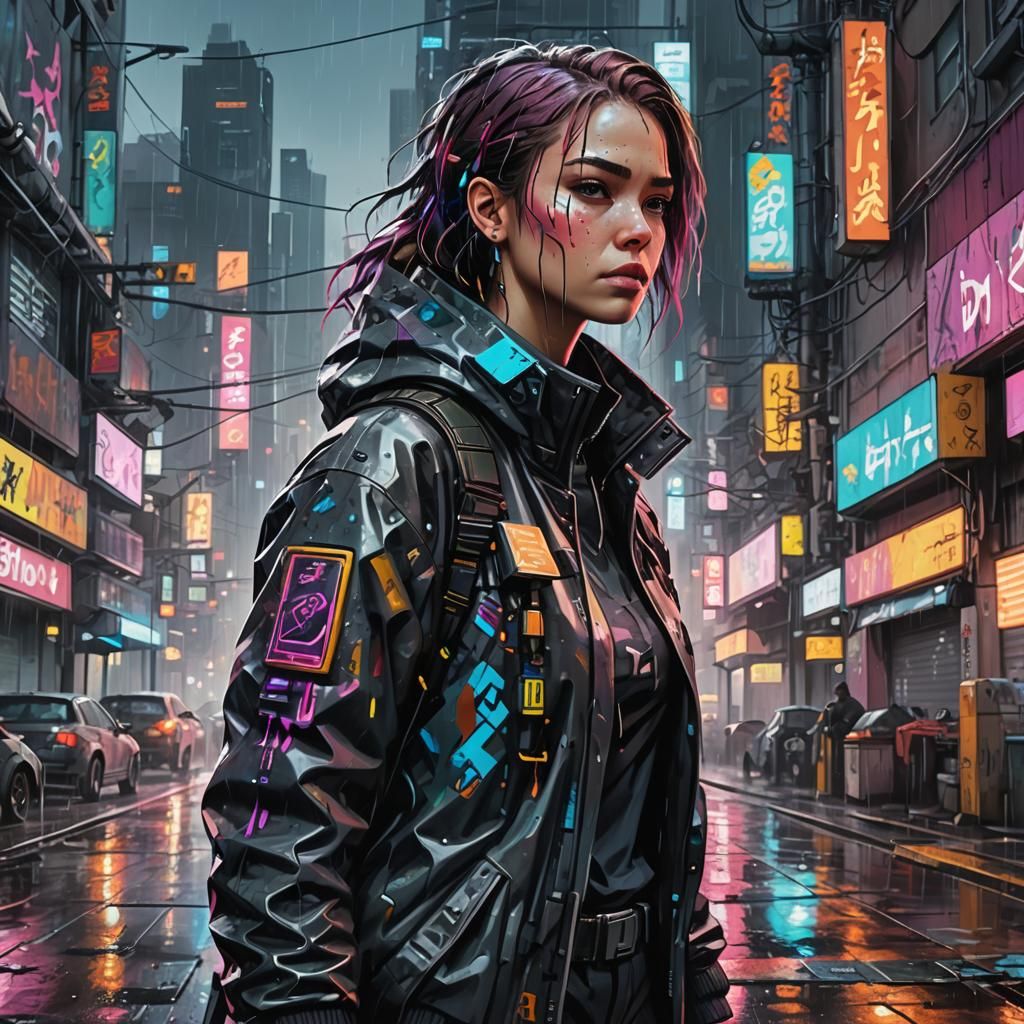 Cyberpunk City: Female Sci-Fi Protagonist in Graffiti Style
