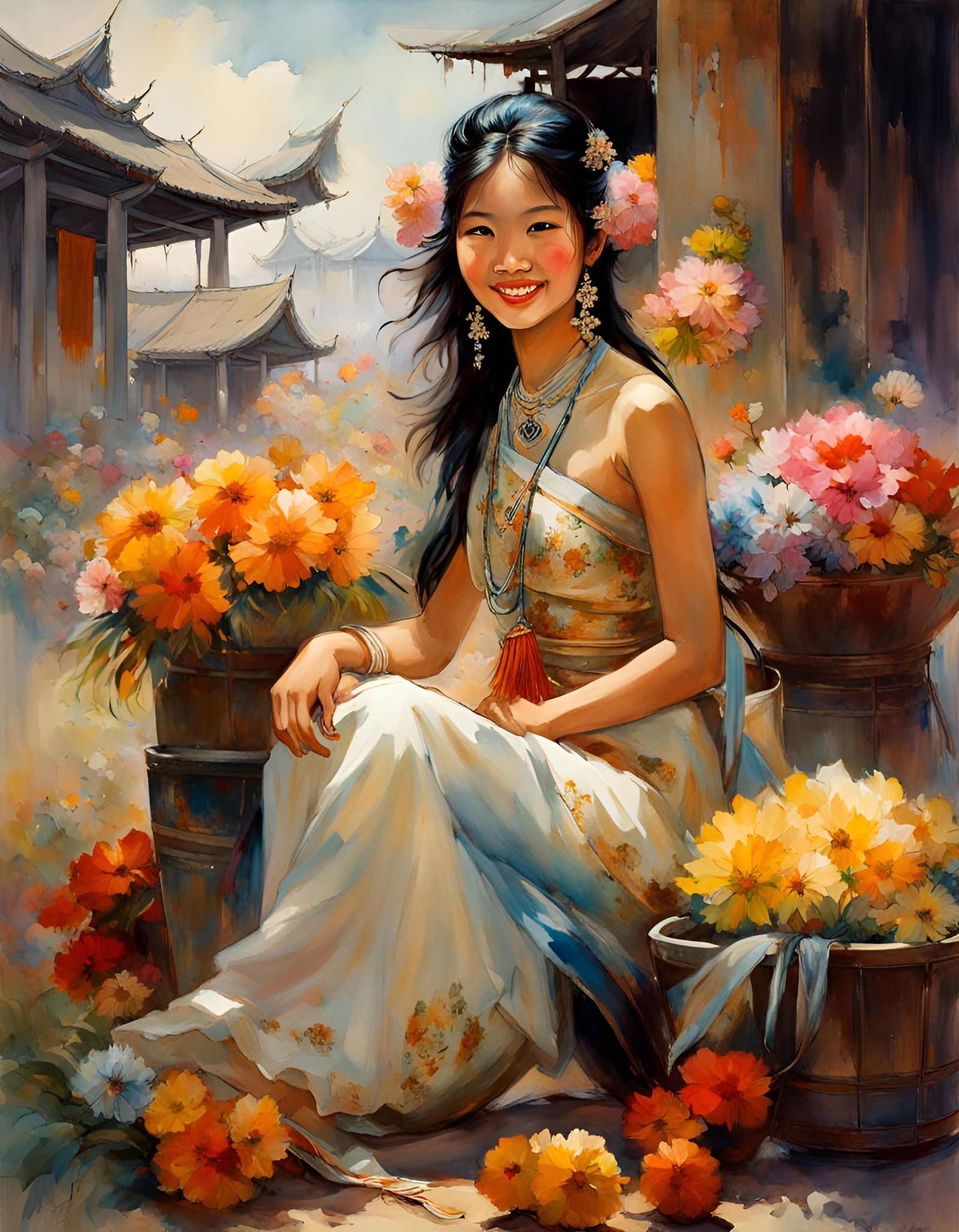 Cambodian Girl Selling Flowers: Watercolour Illustration