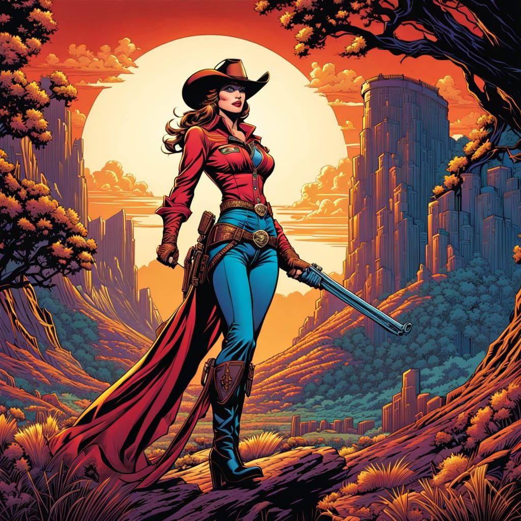 Cowgirl Poses in Vibrant Comic Book Art Style