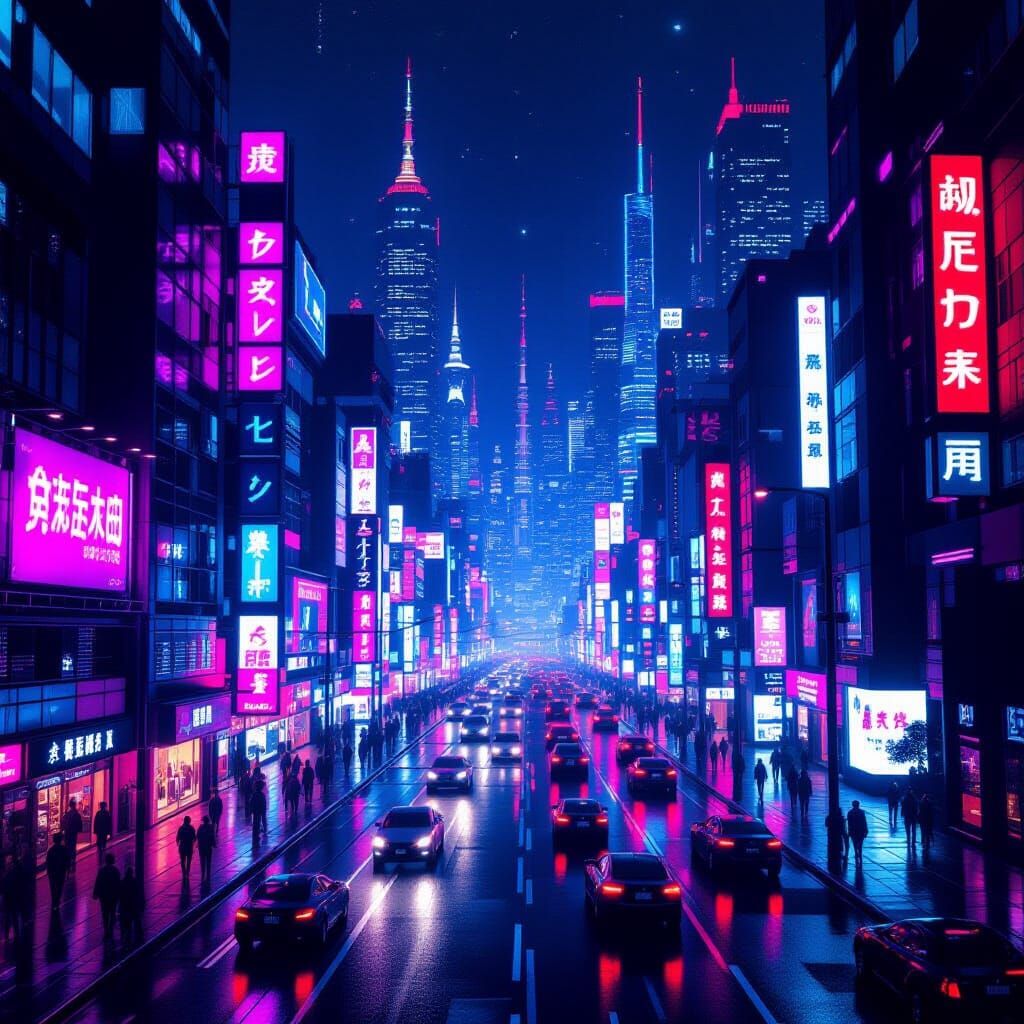 Neon Cityscape at Night in Dystopian Style