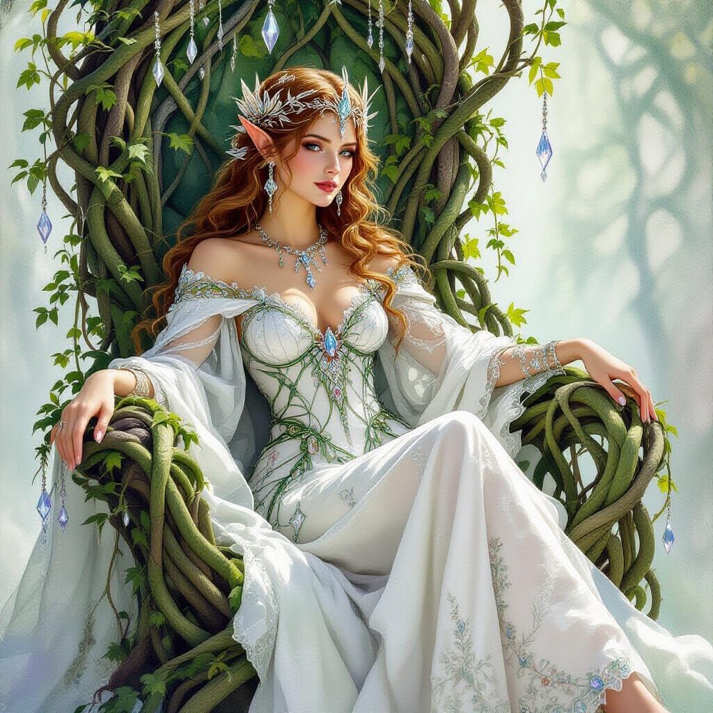 Fae Queen on Gem Throne in Ethereal Style