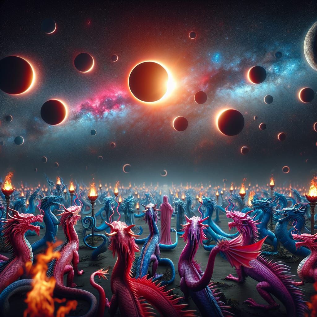 Fire Dragons Defend Earth During Solar Eclipse