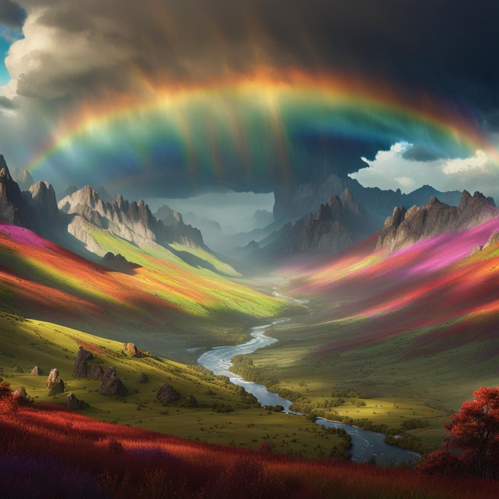 Rainbow Over Colorful Valley in Fantasy Art Style