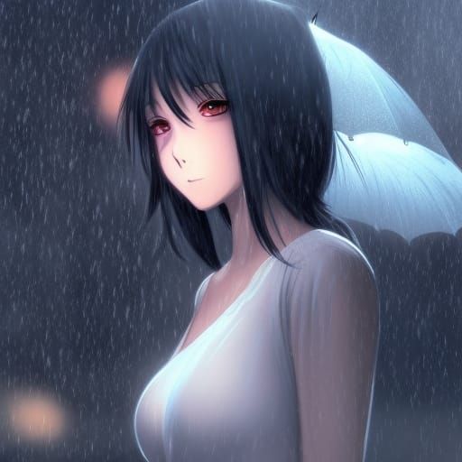 Sad Anime Girl in Rain: Detailed Matte Painting