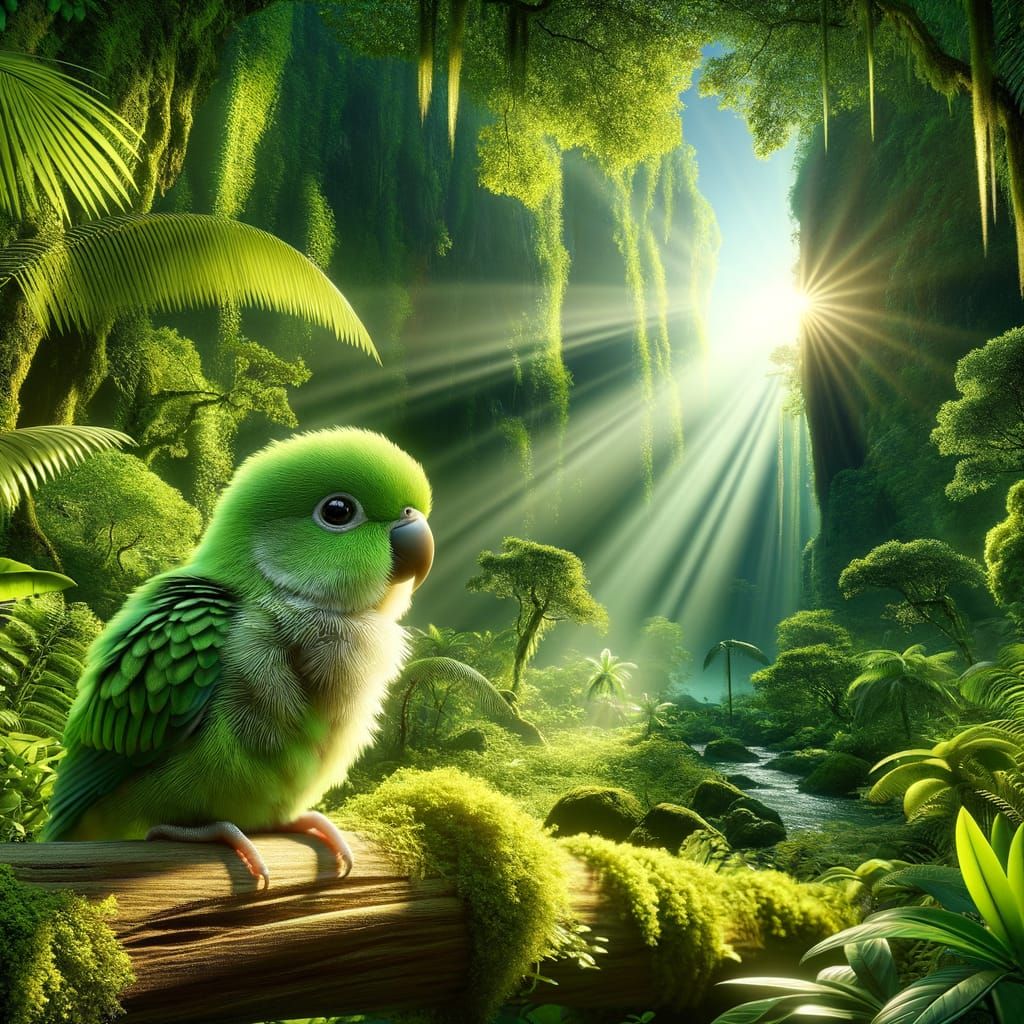Baby Parakeet in Lush Amazon Jungle