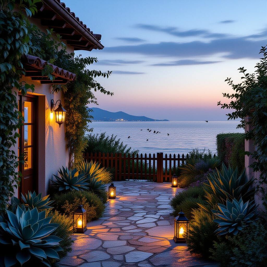 Mediterranean Villa Courtyard at Dusk with Sea View