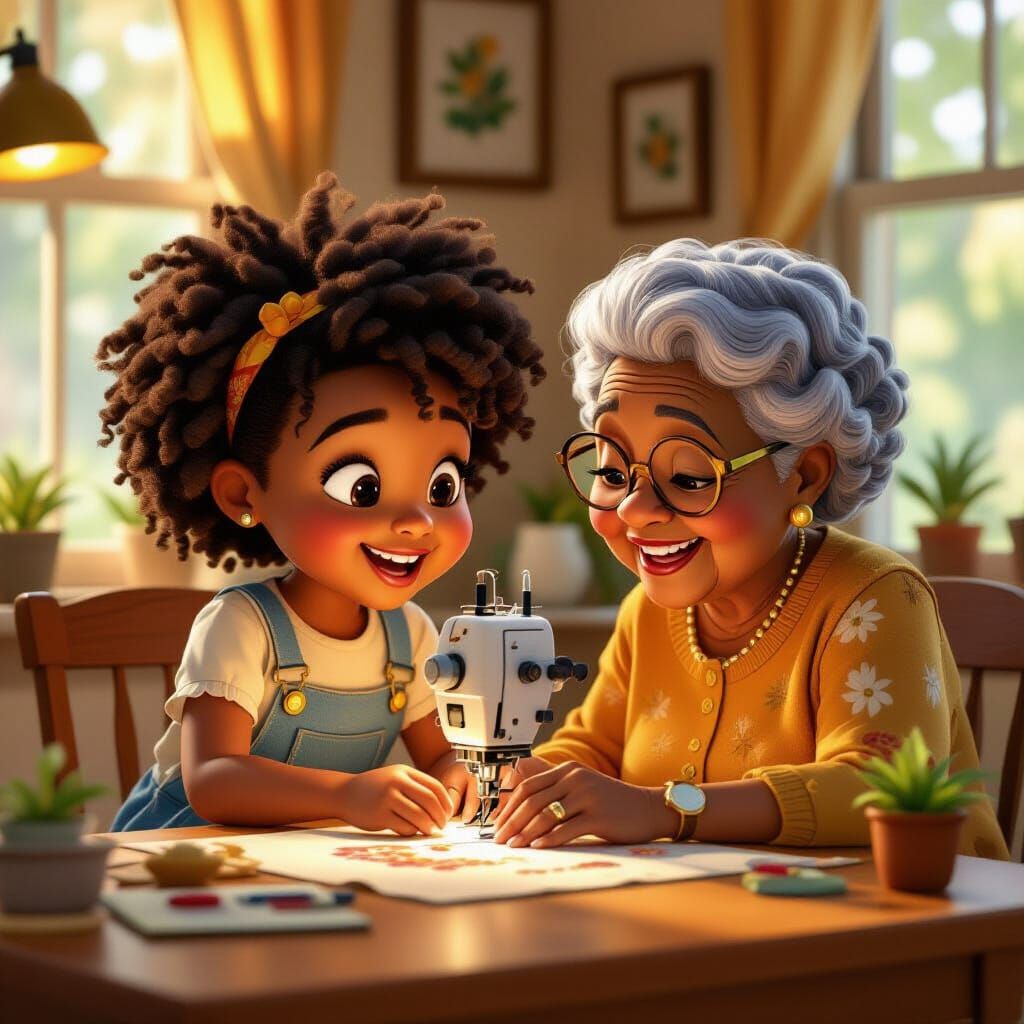 Black Girl Embroidering with Grandmother: Animation Cel Styl...