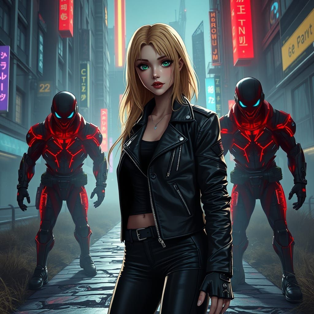 Cyberpunk Woman Confronts Demons in Anime Style