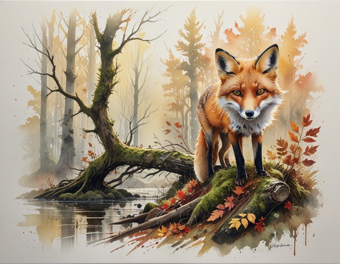 Red Fox in Autumn Forest, Wet-on-Wet Watercolour