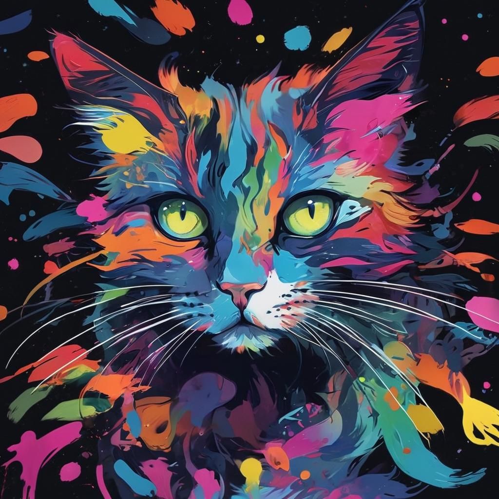 Surreal Anime Cat in a Dreamlike Dance of Color and Chaos
