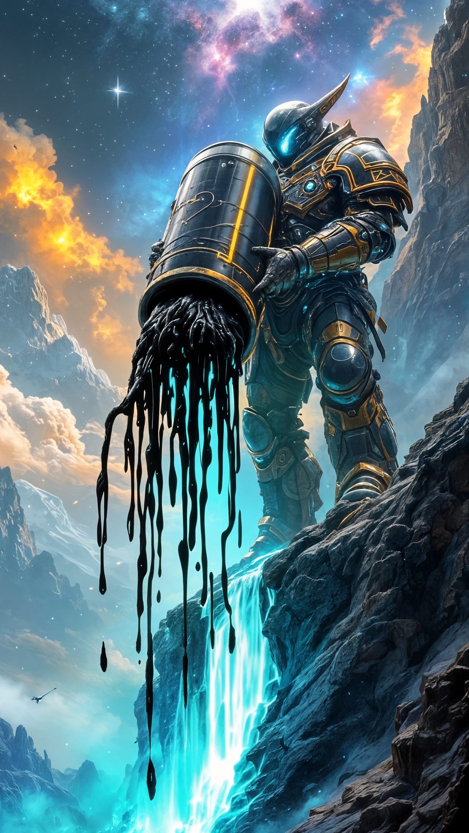 Colossal Alien Warrior Defies Gravity on Alien Planet's Edge