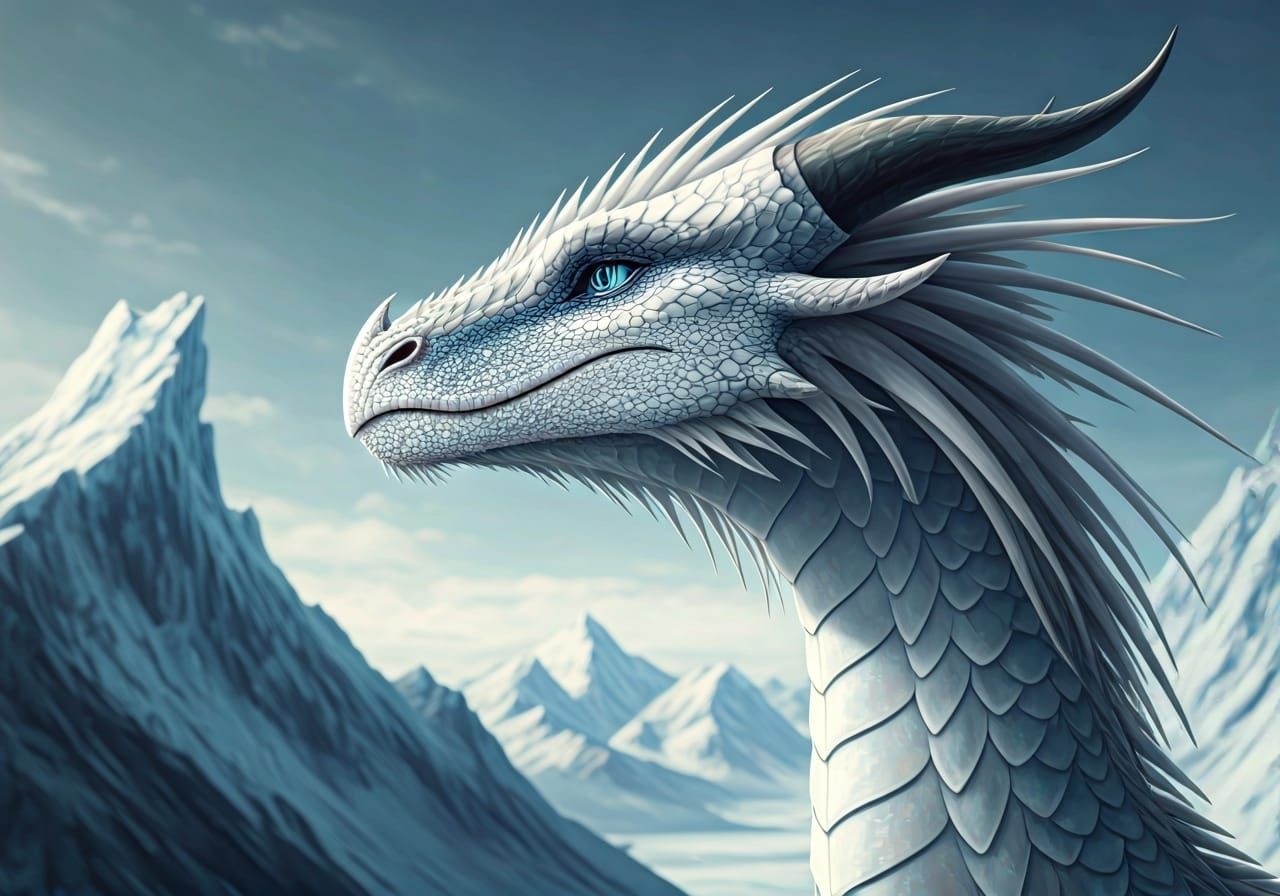 Icy Dragon Gazes at Mountains: Fantasy Concept Art