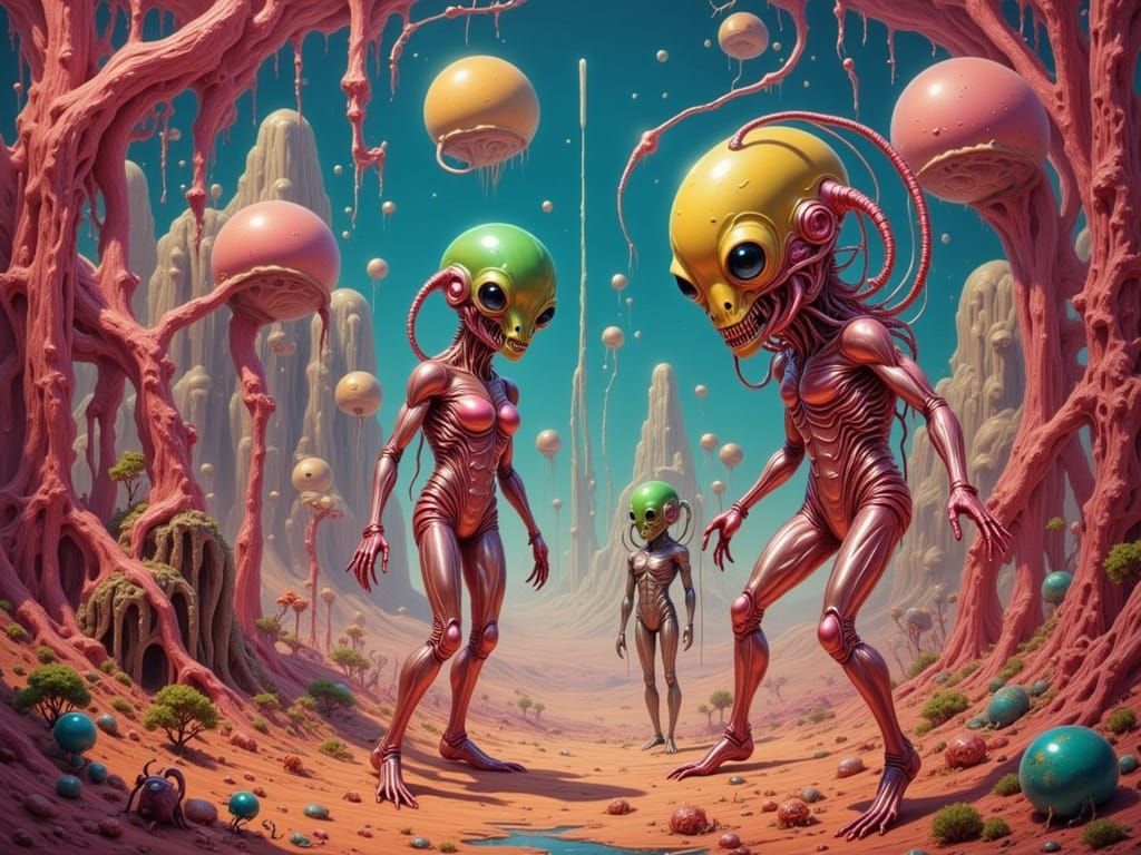 Small Aliens Explore Dreamlike World in Surrealist Style