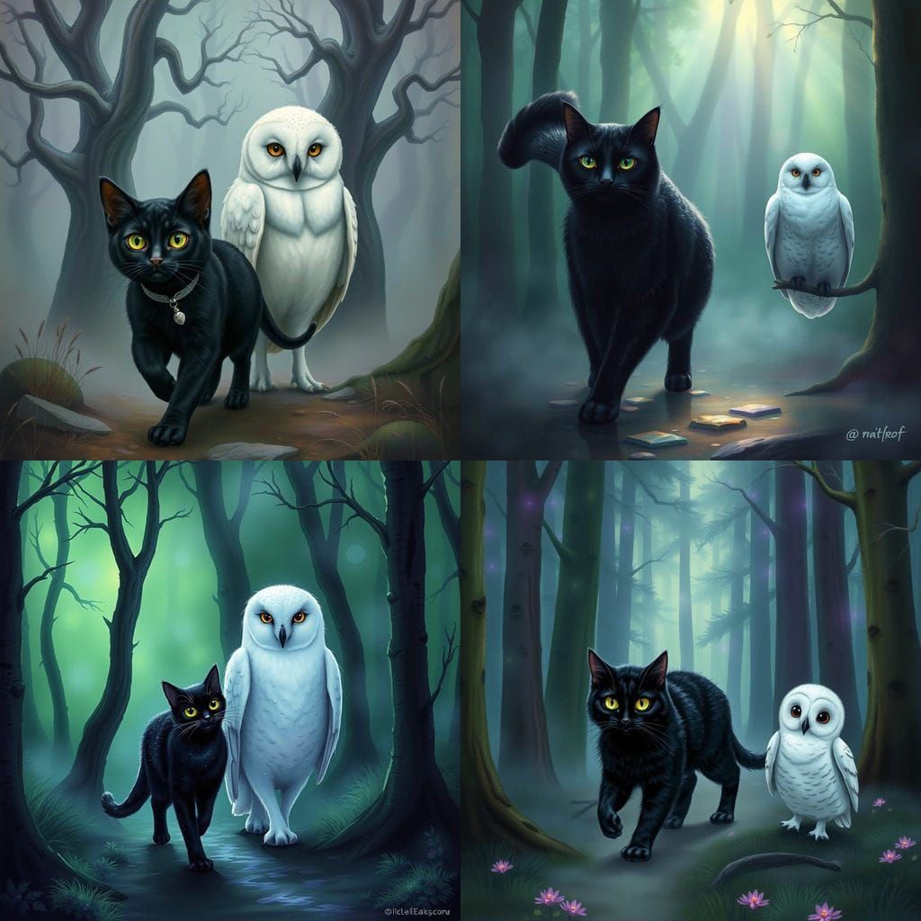 Whimsical Feline Avian Friendship in Enchanted Forest