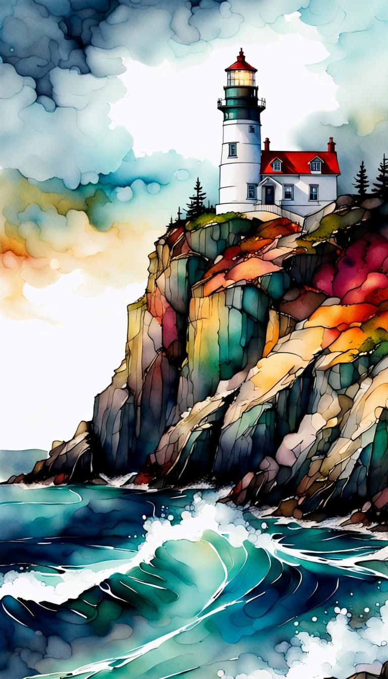 Macro Lighthouse on Cliff in Alcohol Ink Style
