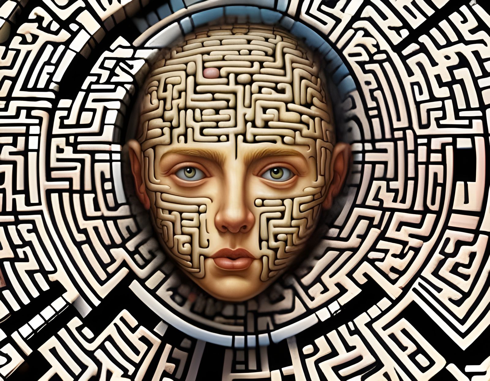 Face Surrounded by 3D Brain Maze, Detailed Art