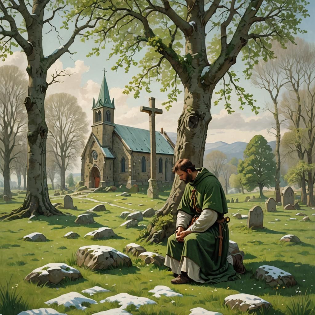 Medieval Man Kneeling in Reverent Spring Landscape