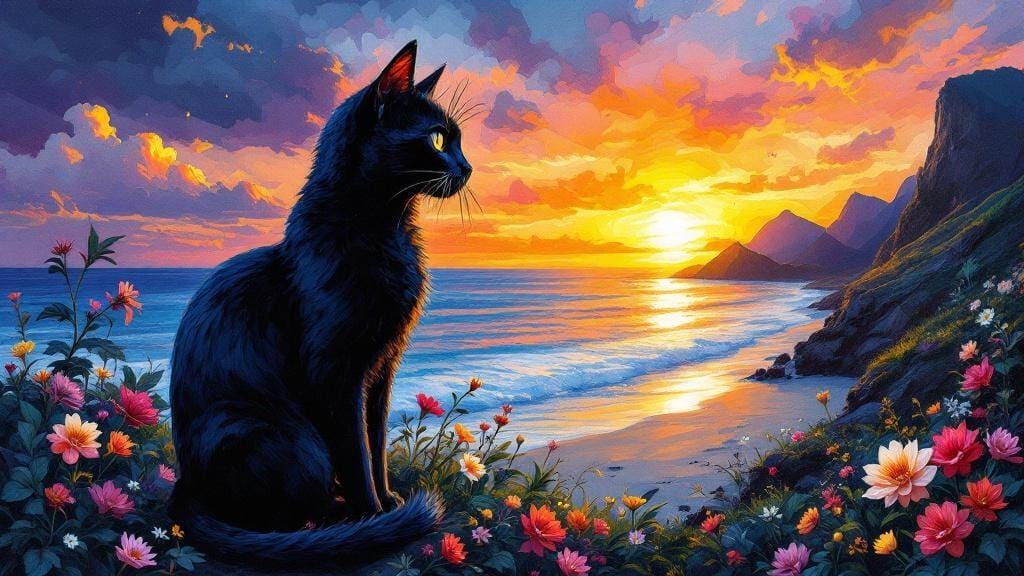 Stained Glass Landscape with Cat in Oil Painting Style