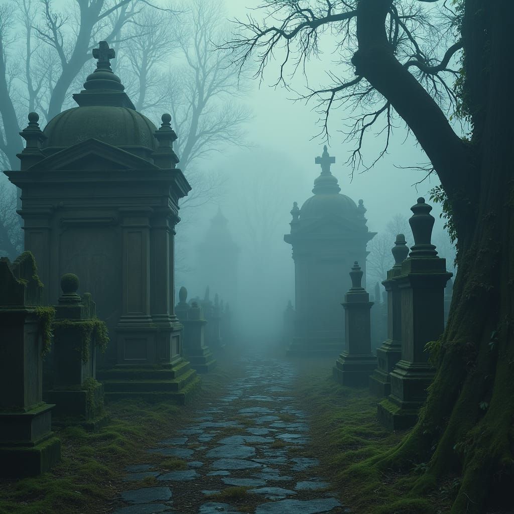 Ethereal Cemetery at Dusk in Surreal Style