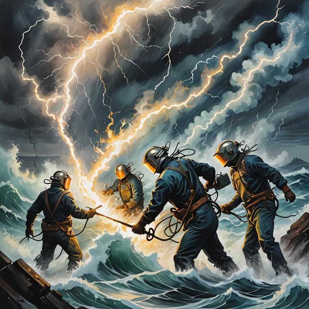 A clean oil ink painting illustration of welding of the elem...