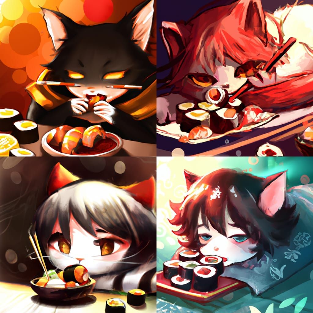 Anime Style Cat Enjoys Sushi Meal