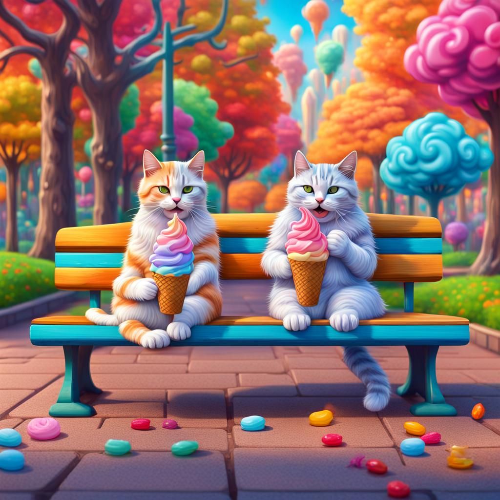 Cats in Candy Park Enjoying Ice Cream: Graffiti Art