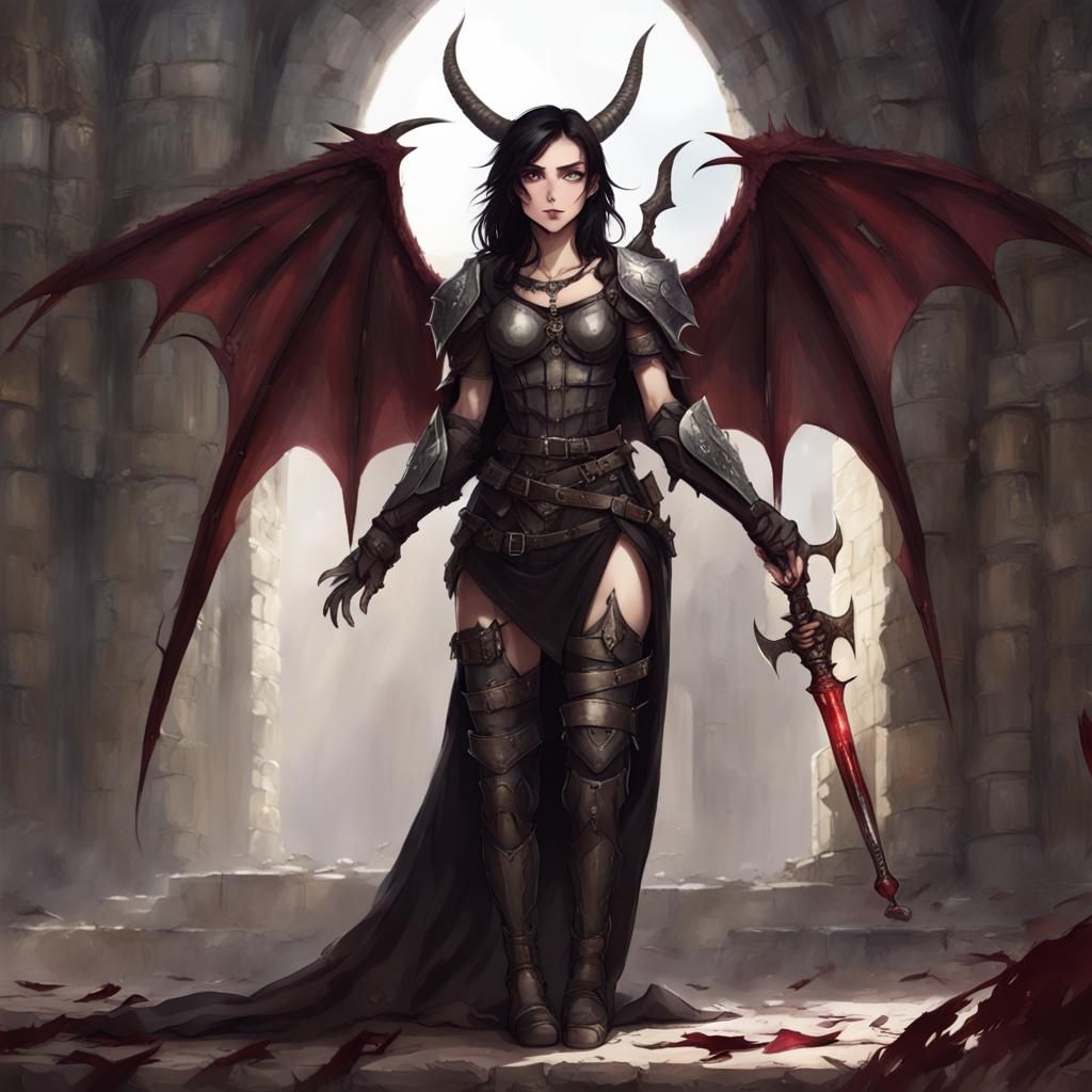 Ethereal Woman with Dragon Wings in Ruined Church