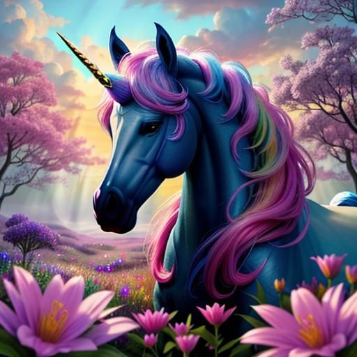 Enchanted Fantasy Unicorn in a Vibrant Floral Glade