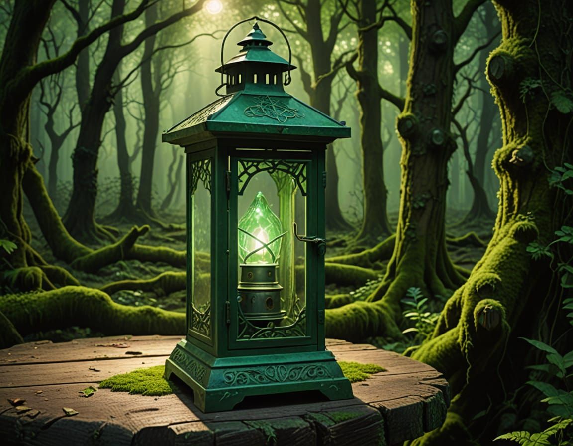 Emerald Lantern in Ancient Forest Ambiance