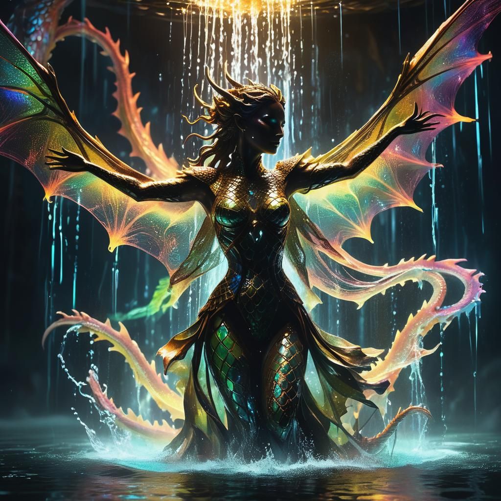 Luminous Woman Statue in Dragon Shower: Mythic Digital Art
