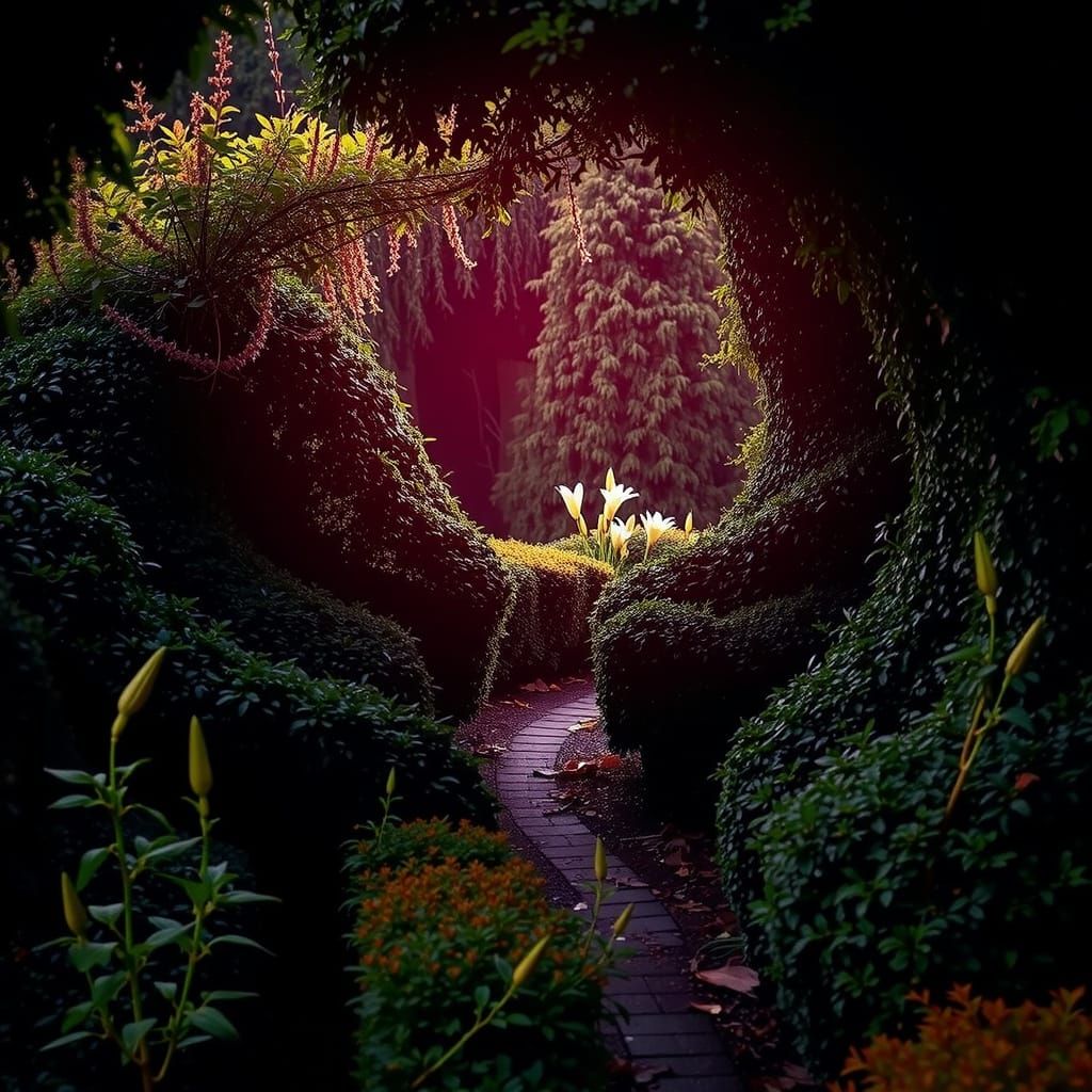 Overgrown Garden Path Maze with Lilies