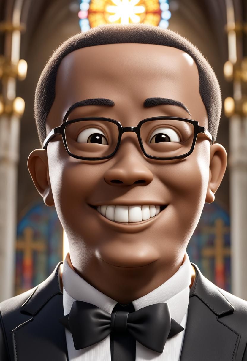 Chibi Boy Character at Church Cross in 3D Cartoon Style