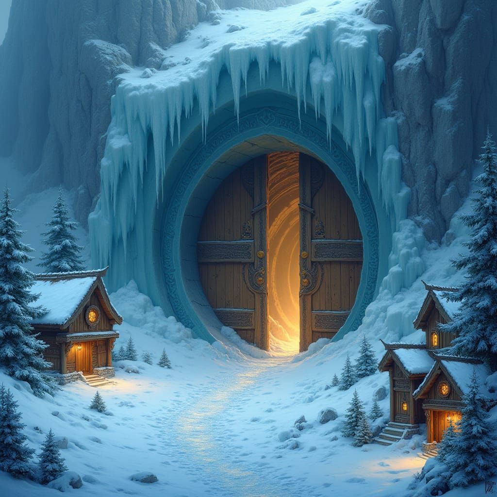 Village at the Foot of a Glacial Ice Wall in a Mystical Real...